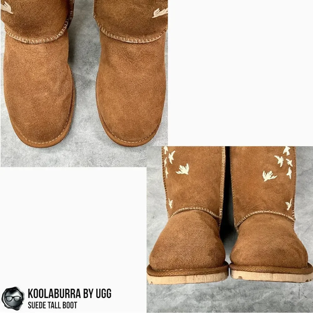 UGG KOOLABURRA PEACE TALL BOOTS CHESTNUT SUEDE SHEEPSKIN FLYING BIRDS DOVE FLOCK